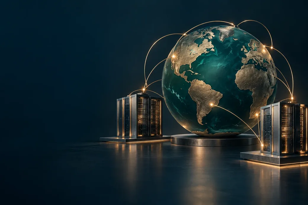 Illustration of global capital connections and data center infrastructure